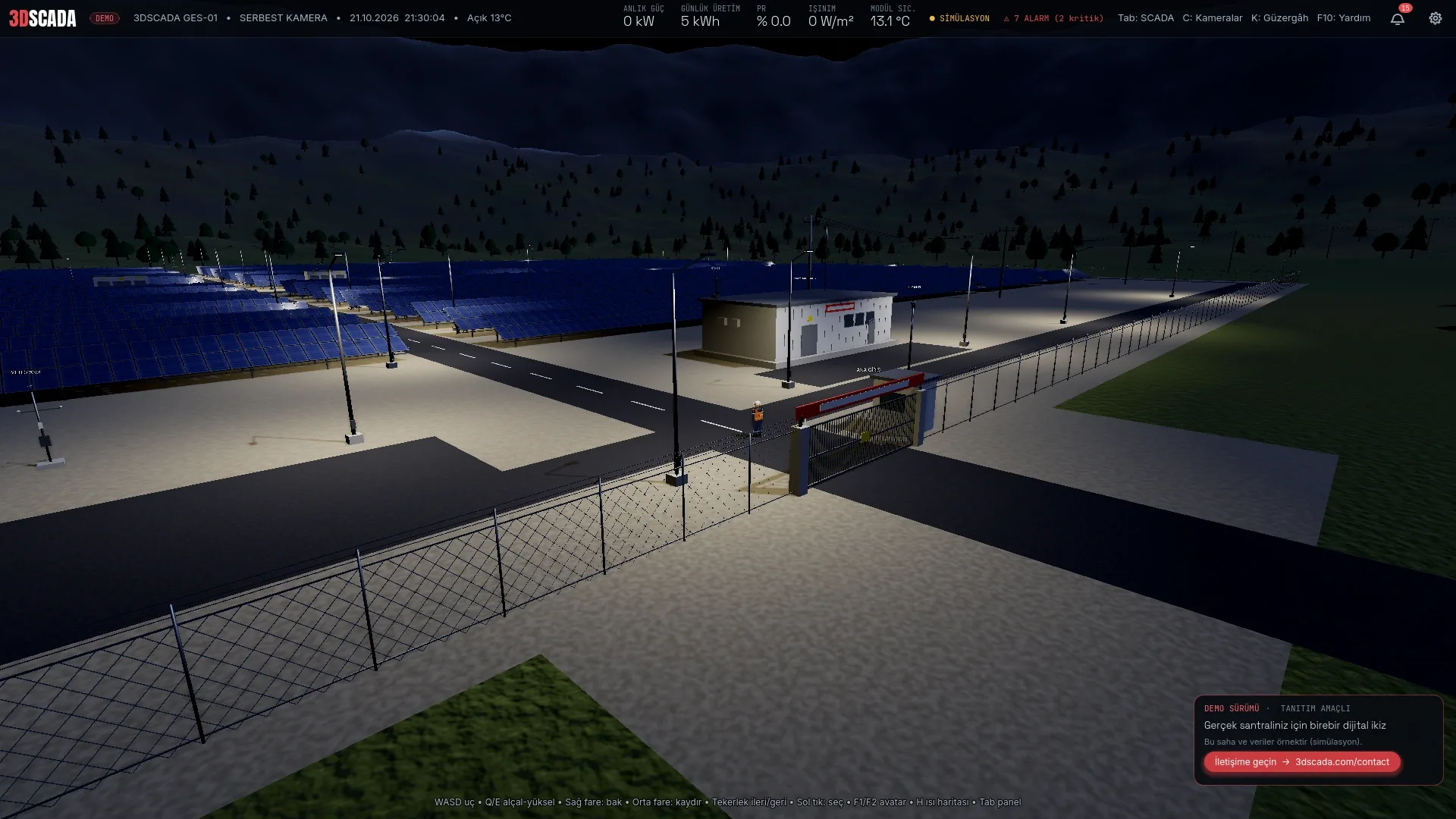 Night scene: main gate, guard house and perimeter road lit by LED luminaires, the PV field under moonlight